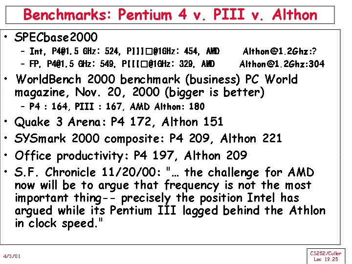 Benchmarks: Pentium 4 v. PIII v. Althon • SPECbase 2000 – Int, P 4@1.