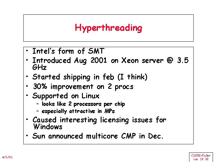 Hyperthreading • Intel’s form of SMT • Introduced Aug 2001 on Xeon server @