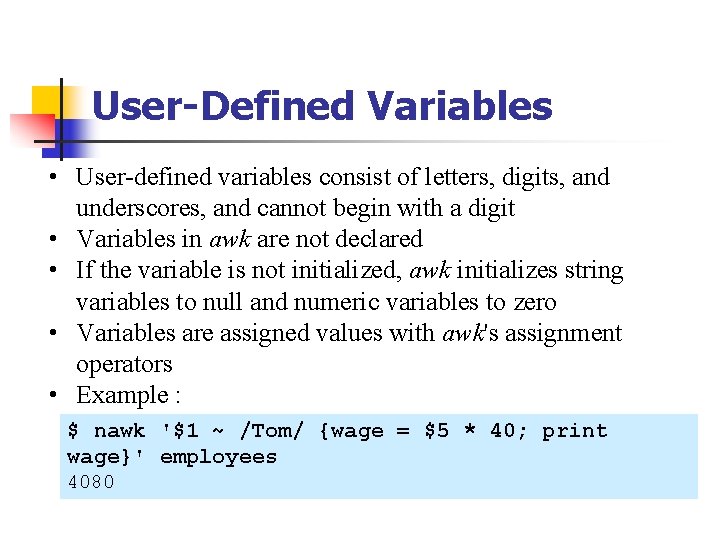 User-Defined Variables • User-defined variables consist of letters, digits, and underscores, and cannot begin