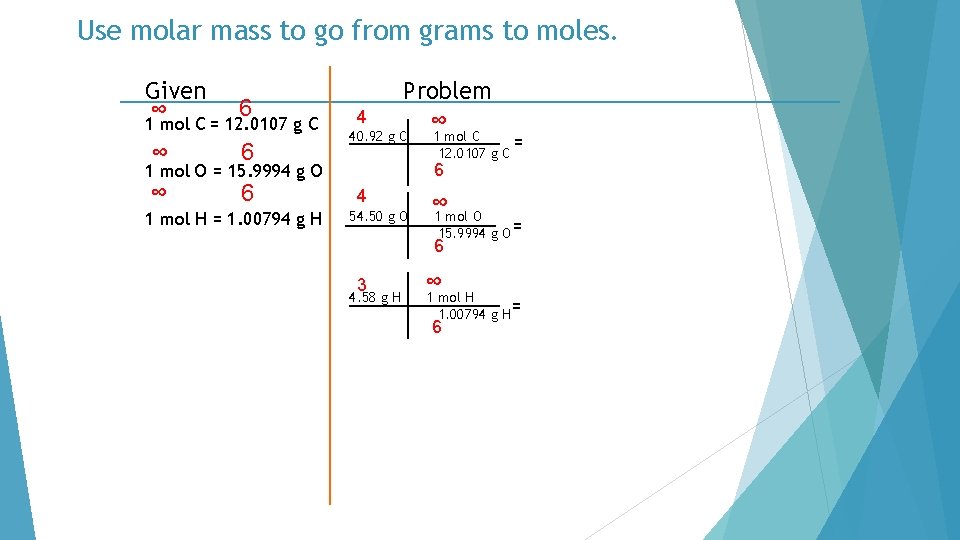 Use molar mass to go from grams to moles. Given ∞ 6 1 mol