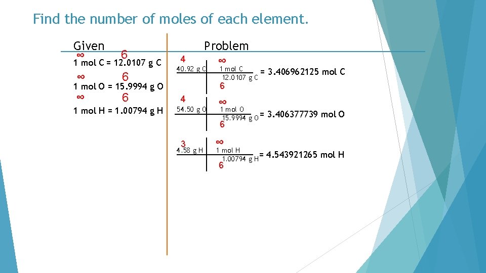 Find the number of moles of each element. Given ∞ 6 1 mol C