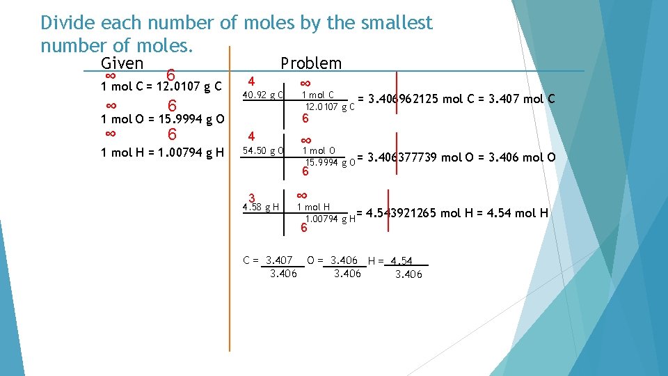 Divide each number of moles by the smallest number of moles. Given ∞ 6