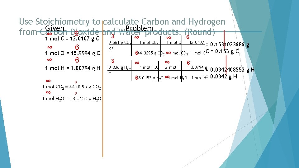 Use Stoichiometry to calculate Carbon and Hydrogen Given Problem from Carbon Dioxide and Water