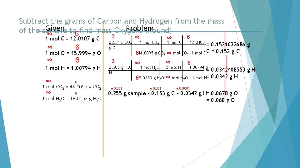 Subtract the grams of Carbon and Hydrogen from the mass Given to find mass