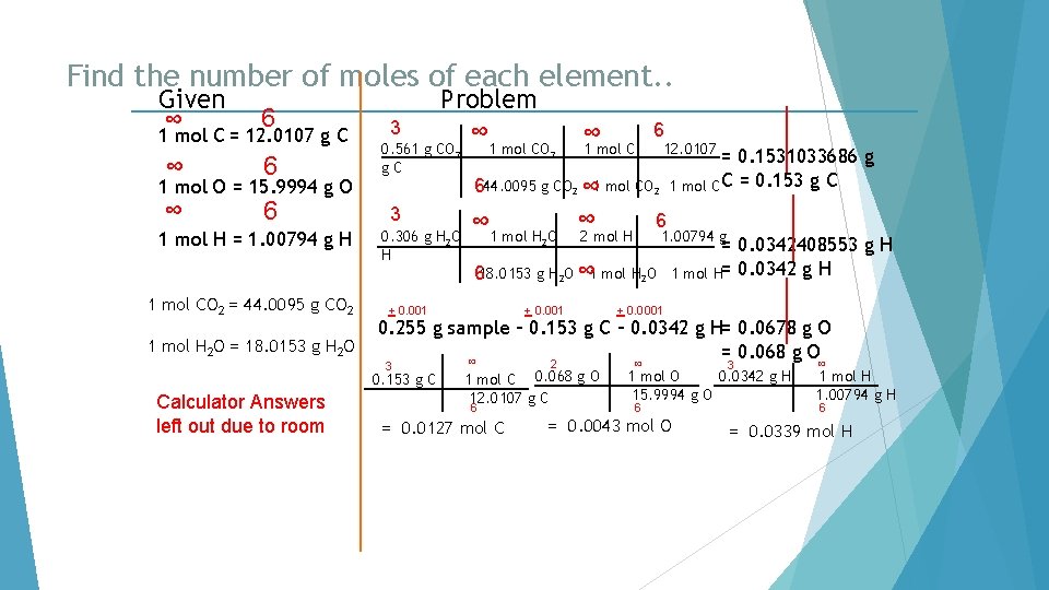 Find the number of moles of each element. . Given ∞ 6 1 mol