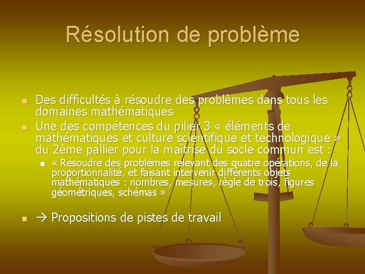 Résolution de problème n n Des difficultés à résoudre des problèmes dans tous les