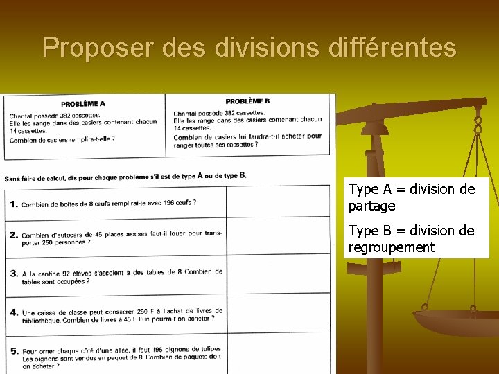 Proposer des divisions différentes Type A = division de partage Type B = division