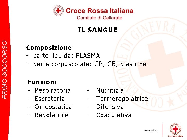 PRIMO SOCCORSO IL SANGUE Composizione - parte liquida: PLASMA - parte corpuscolata: GR, GB,