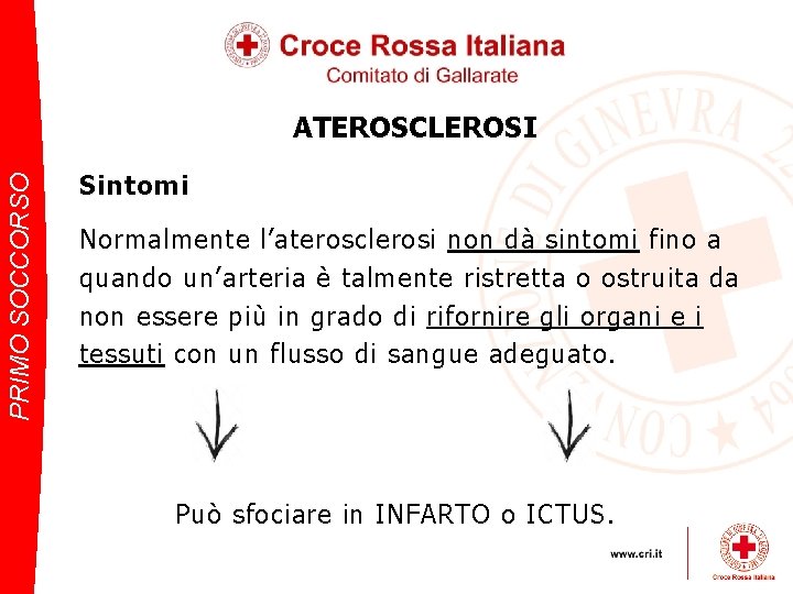 PRIMO SOCCORSO ATEROSCLEROSI Sintomi Normalmente l’aterosclerosi non dà sintomi fino a quando un’arteria è