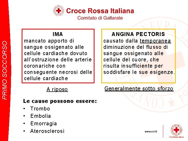 PRIMO SOCCORSO IMA mancato apporto di sangue ossigenato alle cellule cardiache dovuto all’ostruzione delle