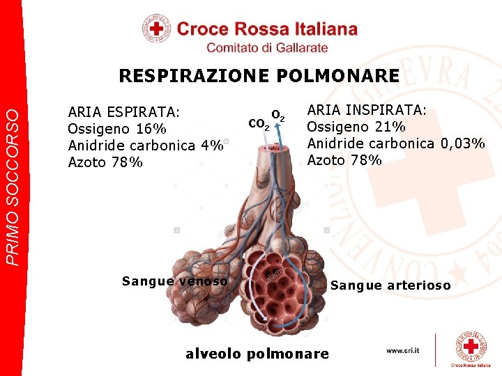 PRIMO SOCCORSO RESPIRAZIONE POLMONARE ARIA ESPIRATA: Ossigeno 16% Anidride carbonica 4% Azoto 78% CO