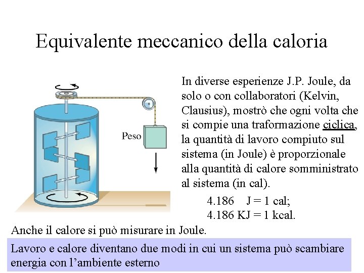 Equivalente meccanico della caloria In diverse esperienze J. P. Joule, da solo o con