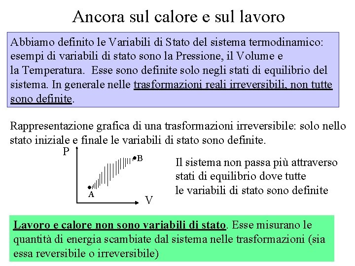 Ancora sul calore e sul lavoro Abbiamo definito le Variabili di Stato del sistema