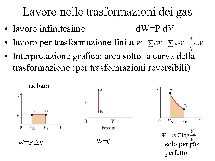 Lavoro nelle trasformazioni dei gas • lavoro infinitesimo d. W=P d. V • lavoro