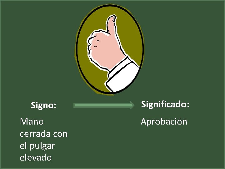 Signo: Significado: Mano cerrada con el pulgar elevado Aprobación 