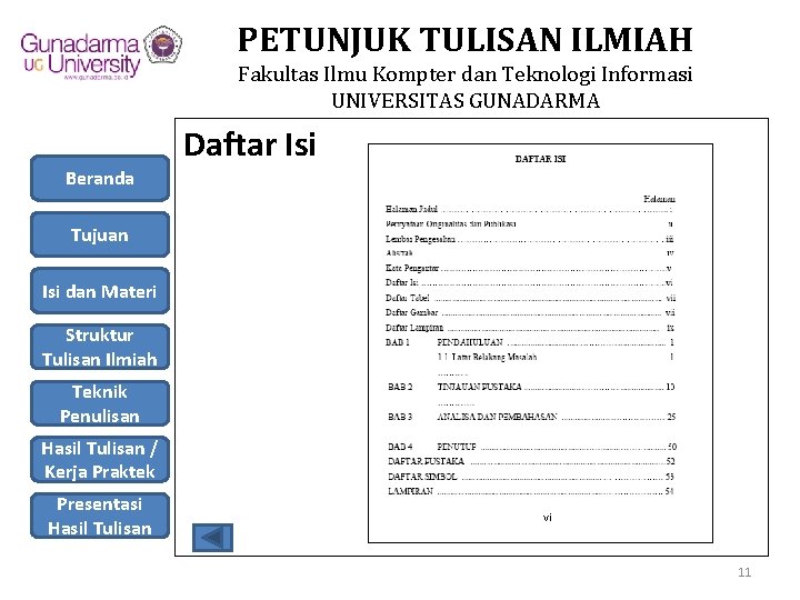 PETUNJUK TULISAN ILMIAH Fakultas Ilmu Kompter dan Teknologi Informasi UNIVERSITAS GUNADARMA Daftar Isi Beranda