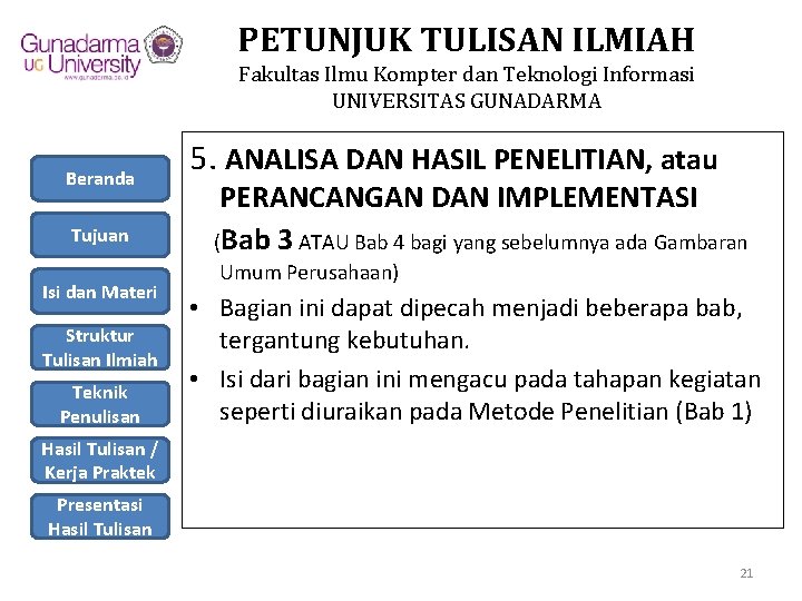 PETUNJUK TULISAN ILMIAH Fakultas Ilmu Kompter dan Teknologi Informasi UNIVERSITAS GUNADARMA Beranda Tujuan Isi