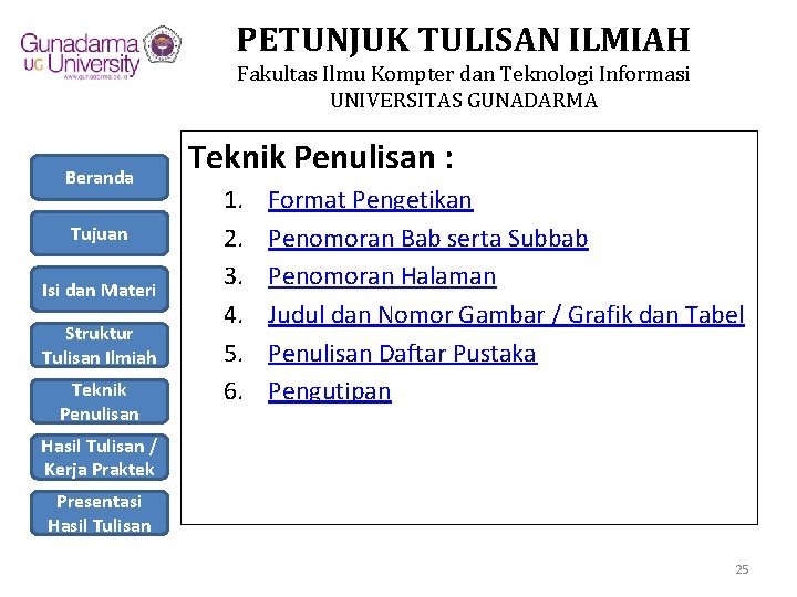 PETUNJUK TULISAN ILMIAH Fakultas Ilmu Kompter dan Teknologi Informasi UNIVERSITAS GUNADARMA Beranda Tujuan Isi