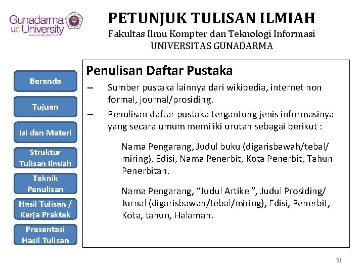 PETUNJUK TULISAN ILMIAH Fakultas Ilmu Kompter dan Teknologi Informasi UNIVERSITAS GUNADARMA Beranda Tujuan Isi