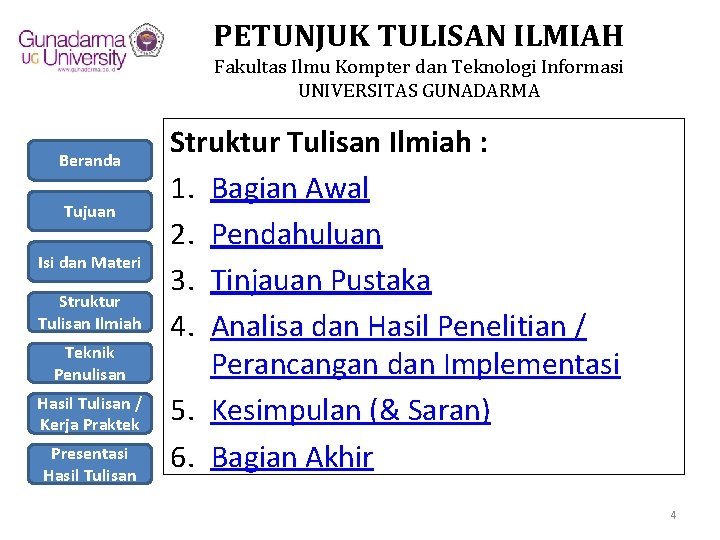 PETUNJUK TULISAN ILMIAH Fakultas Ilmu Kompter dan Teknologi Informasi UNIVERSITAS GUNADARMA Beranda Tujuan Isi