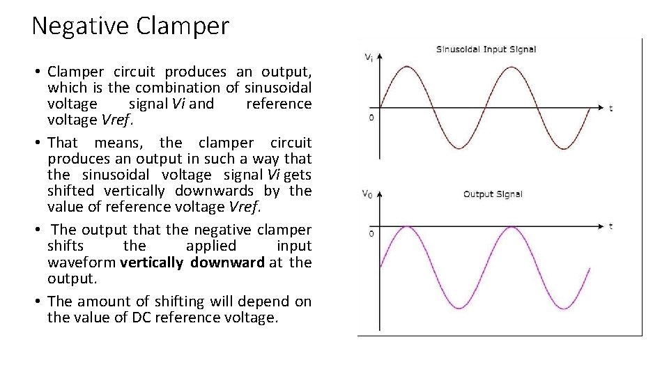Negative Clamper • Clamper circuit produces an output, which is the combination of sinusoidal