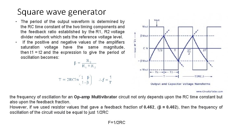 Square wave generator • The period of the output waveform is determined by the