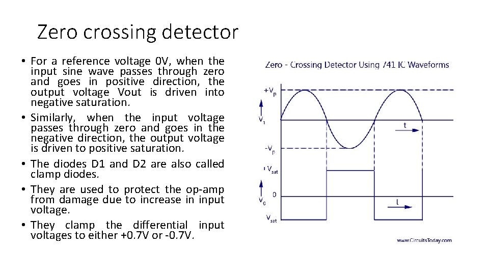 Zero crossing detector • For a reference voltage 0 V, when the input sine