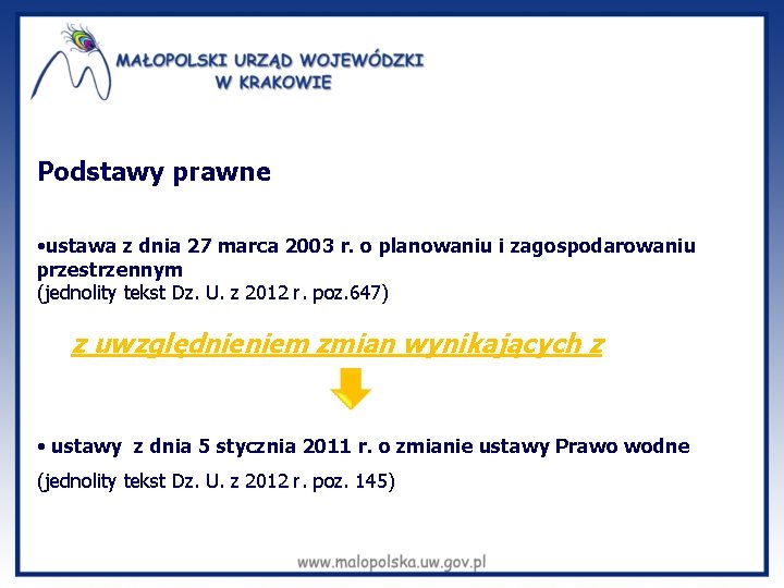 Podstawy prawne • ustawa z dnia 27 marca 2003 r. o planowaniu i zagospodarowaniu