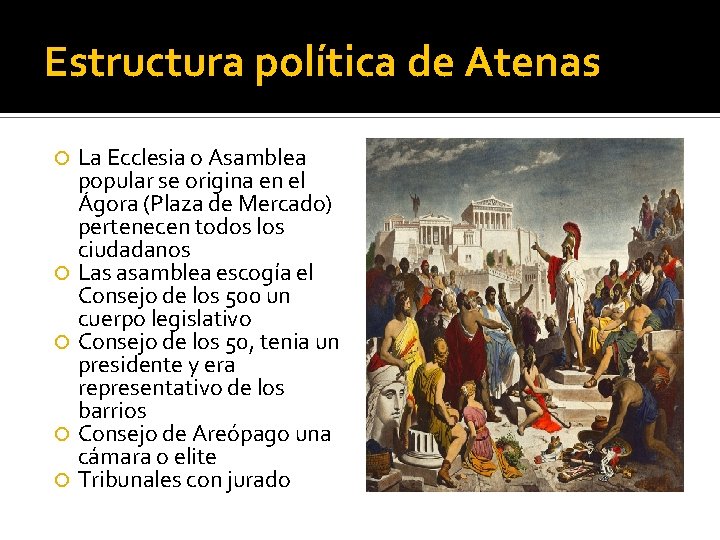 Estructura política de Atenas La Ecclesia o Asamblea popular se origina en el Ágora