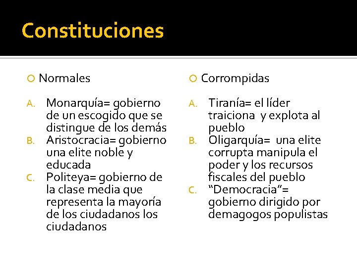 Constituciones Normales Corrompidas Monarquía= gobierno de un escogido que se distingue de los demás