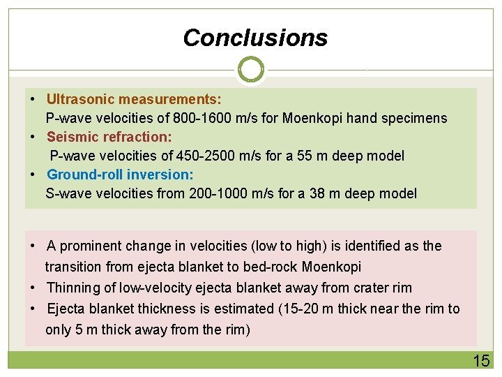 Conclusions • Ultrasonic measurements: P-wave velocities of 800 -1600 m/s for Moenkopi hand specimens