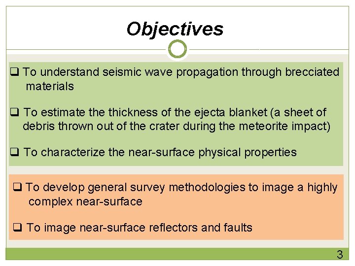 Objectives q To understand seismic wave propagation through brecciated materials q To estimate thickness