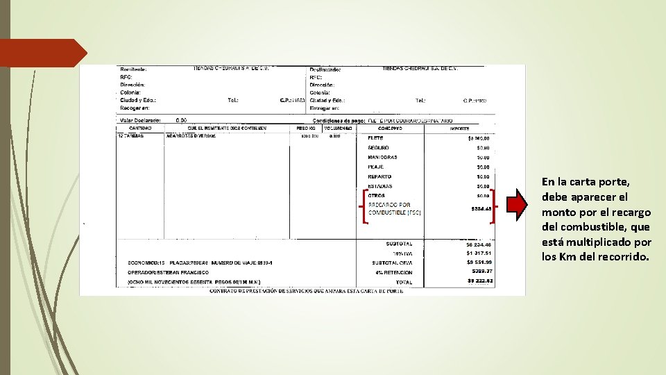 En la carta porte, debe aparecer el monto por el recargo del combustible, que