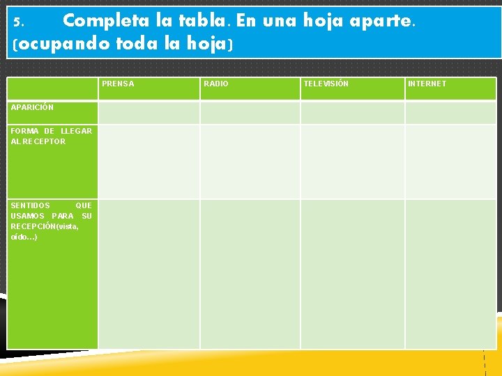 5. Completa la tabla. En una hoja aparte. (ocupando toda la hoja) PRENSA APARICIÓN
