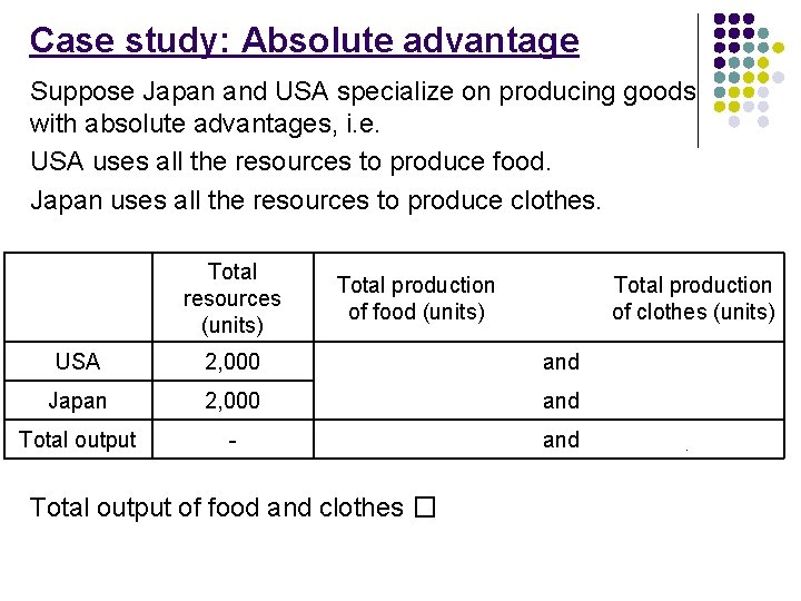 Case study: Absolute advantage Suppose Japan and USA specialize on producing goods with absolute