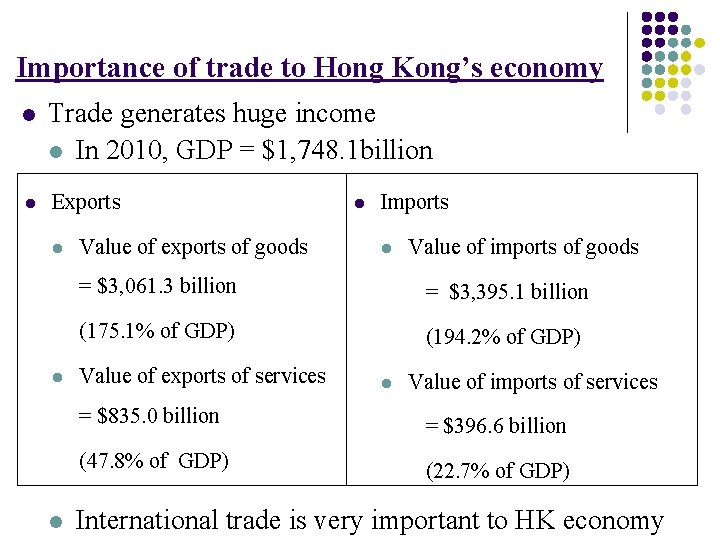 Importance of trade to Hong Kong’s economy l Trade generates huge income l In