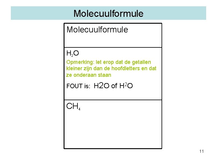 Molecuulformule H 2 O Opmerking: let erop dat de getallen kleiner zijn dan de