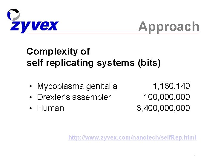 Approach Complexity of self replicating systems (bits) • Mycoplasma genitalia • Drexler’s assembler •