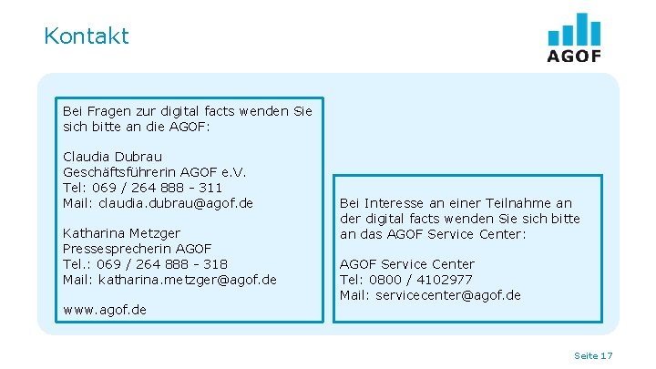 Kontakt Bei Fragen zur digital facts wenden Sie sich bitte an die AGOF: Claudia