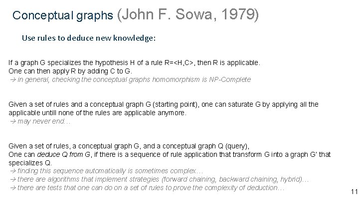 Conceptual graphs (John F. Sowa, 1979) Use rules to deduce new knowledge: If a