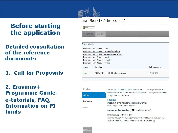 Before starting the application Detailed consultation of the reference documents 1. Call for Proposals