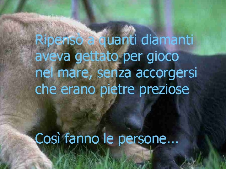 Ripensò a quanti diamanti aveva gettato per gioco nel mare, senza accorgersi che erano