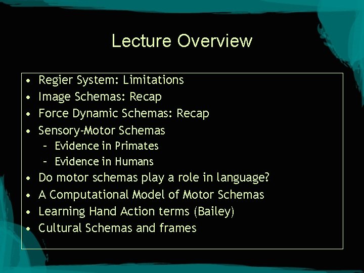 Lecture Overview • • Regier System: Limitations Image Schemas: Recap Force Dynamic Schemas: Recap