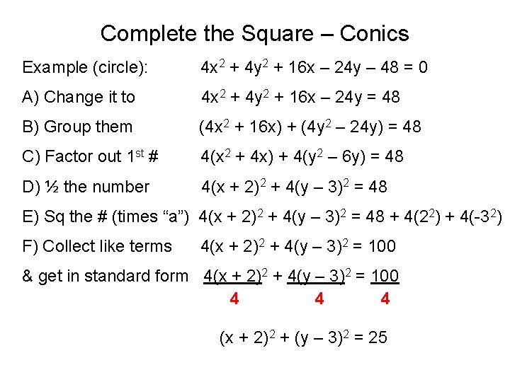 Complete the Square – Conics Example (circle): 4 x 2 + 4 y 2