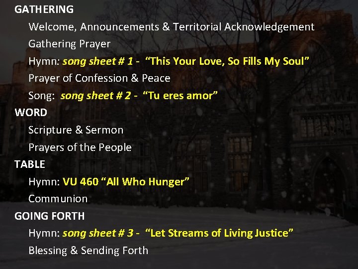 GATHERING Welcome, Announcements & Territorial Acknowledgement Gathering Prayer Hymn: song sheet # 1 -