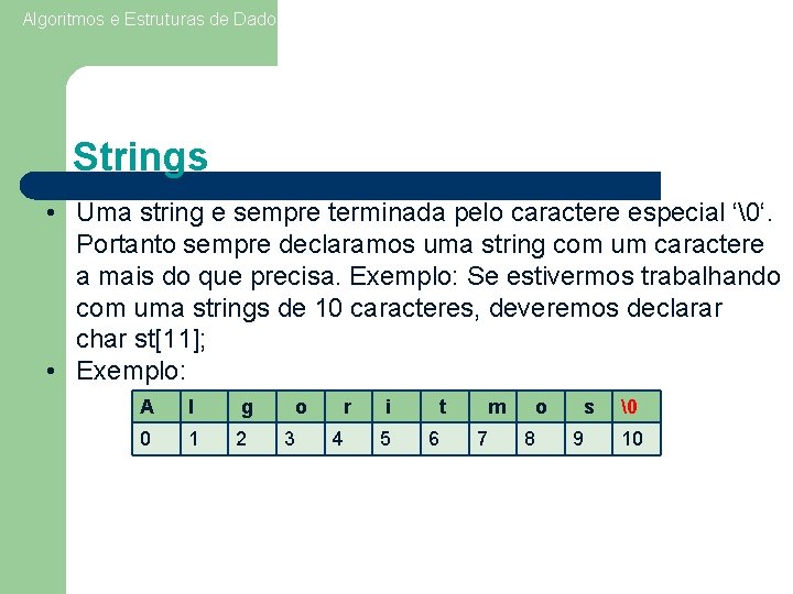 Algoritmos e Estruturas de Dados I 16 Aula 5 - Vetores Strings • Uma