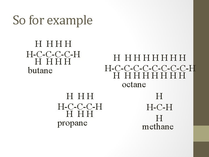 So for example H HHH H-C-C-H H HHH butane H HHHHHHH H-C-C-C-C-H H HHHHHHH