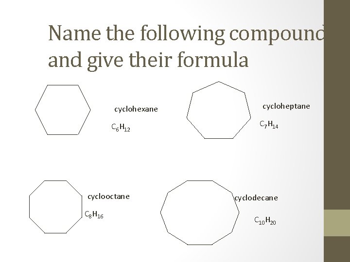 Name the following compounds and give their formula cyclohexane cycloheptane C 6 H 12