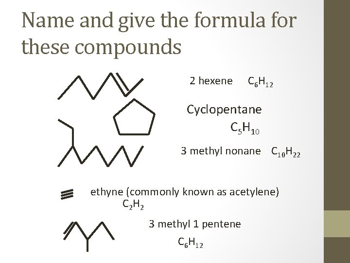 Name and give the formula for these compounds 2 hexene C 6 H 12