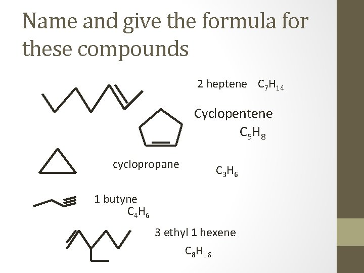 Name and give the formula for these compounds 2 heptene C 7 H 14